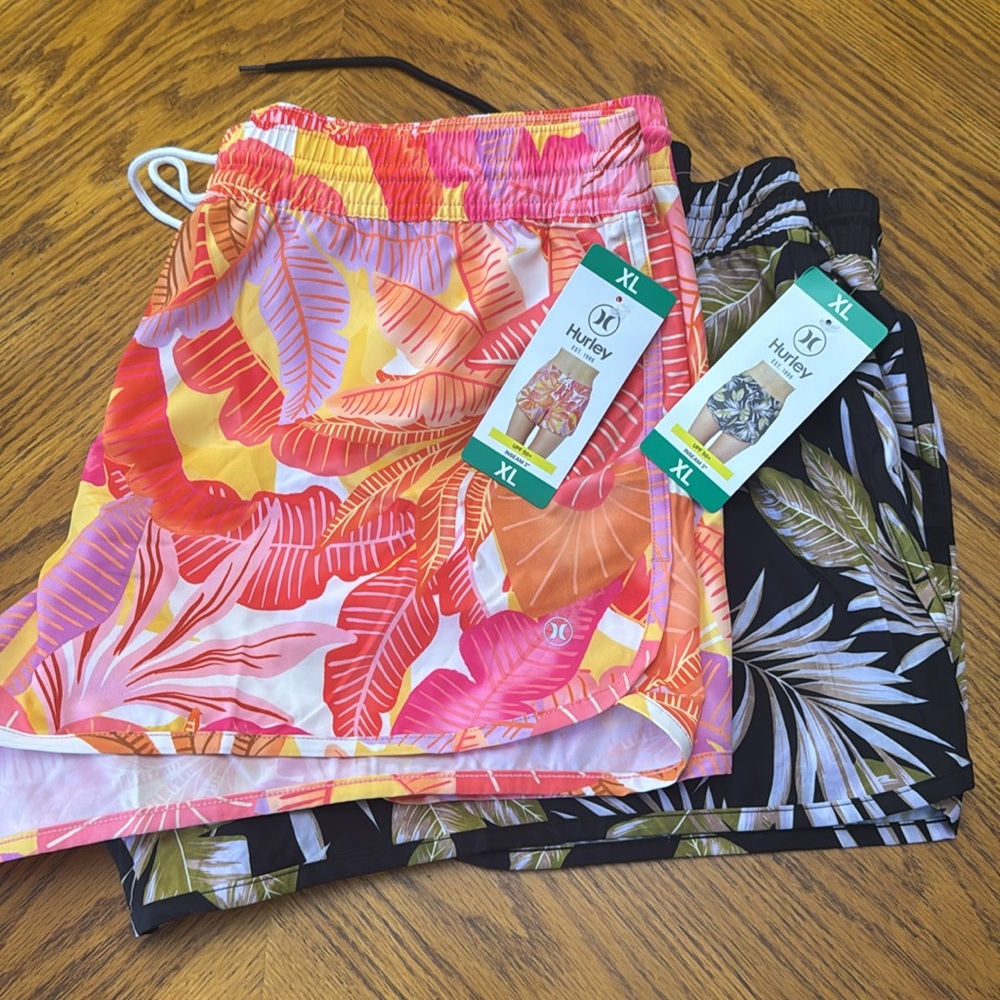 Set of 2 / women's HURLEY UPF 50 Inseam 3 Swim SHORT XL Orange Floral/Blac - Picture 2 of 11